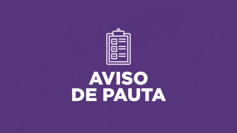Imagem com o fundo roxo, com um &iacute;cone de prancheta e com o teto: "Aviso de pauta"