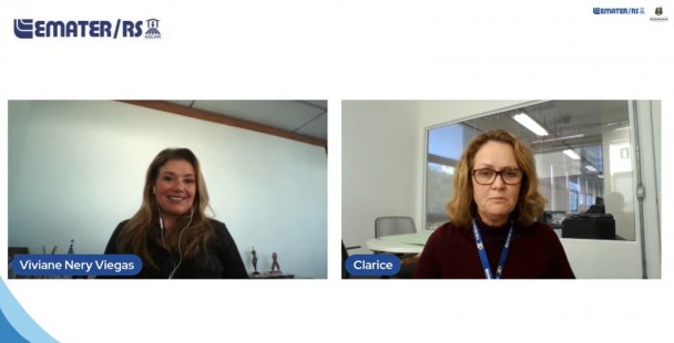 Captura de tela de uma videoconferência. Ao centro, uma mulher de meia-idade, de pele clara, cabelos castanhos claros na altura dos ombros e usando óculos de armação escura, aparece sentada em um escritório. Ela veste blusa de gola alta na cor vinho e utiliza um cordão azul com crachá. Ao fundo, há uma parede de vidro que divide o ambiente e permite visualizar outra sala de escritório com mesas, cadeiras e iluminação clara. No canto inferior esquerdo da tela, aparece a identificação "Clarice". No canto superior direito, estão os logotipos da Emater/RS e do Governo do Estado do Rio Grande do Sul. A participante olha diretamente para a câmera durante a reunião virtual enquanto fala. 